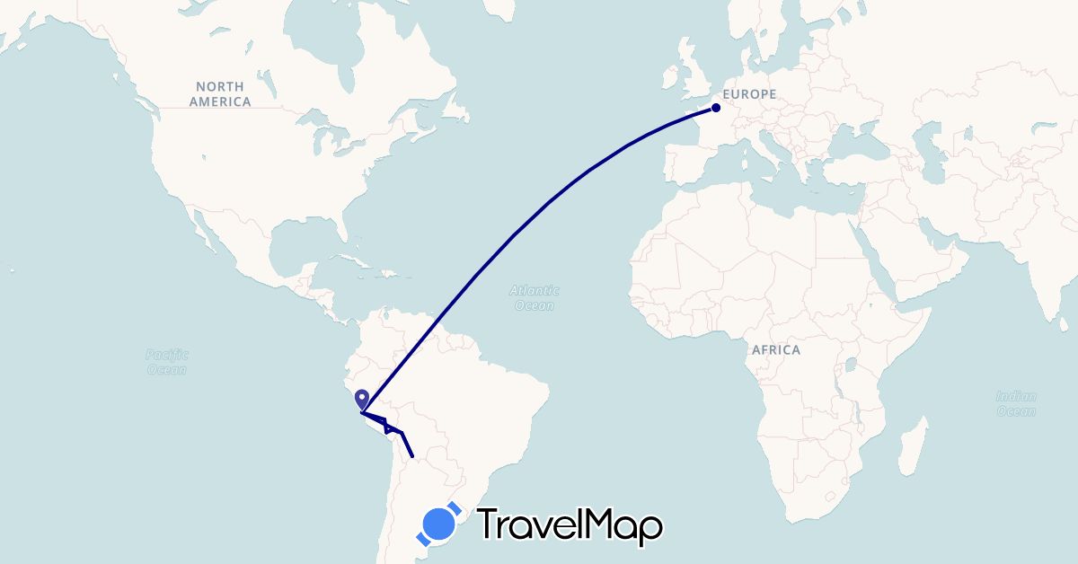 TravelMap itinerary: driving in Bolivia, France, Peru (Europe, South America)